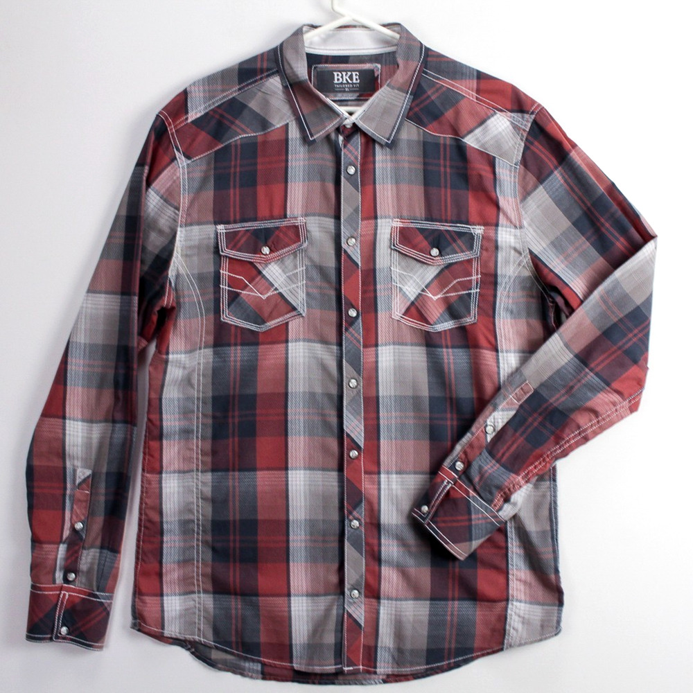BKE Western Shirt Mens XL Tailored Fit Red Gray Plaid Contrast Stitch Pearl Snap